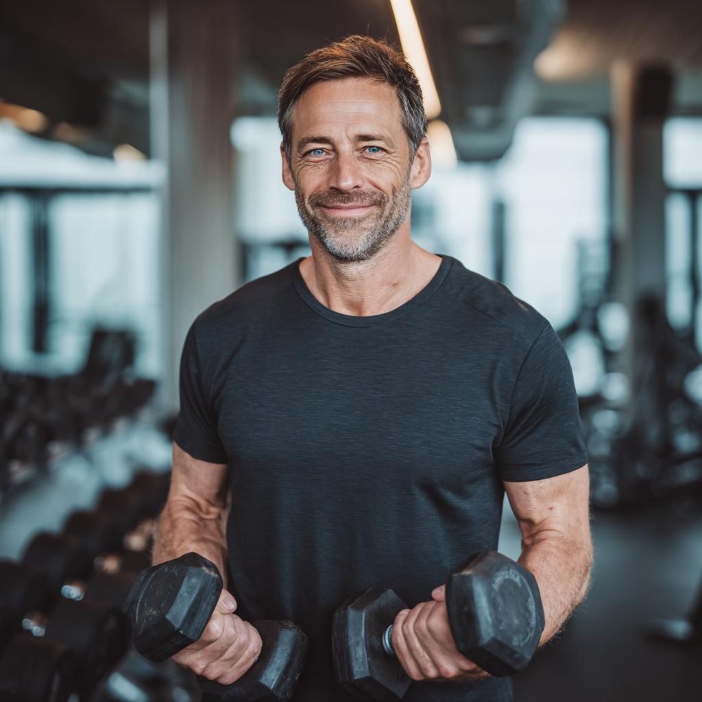 Confident mature European man in fitness setting showing strength and determination
