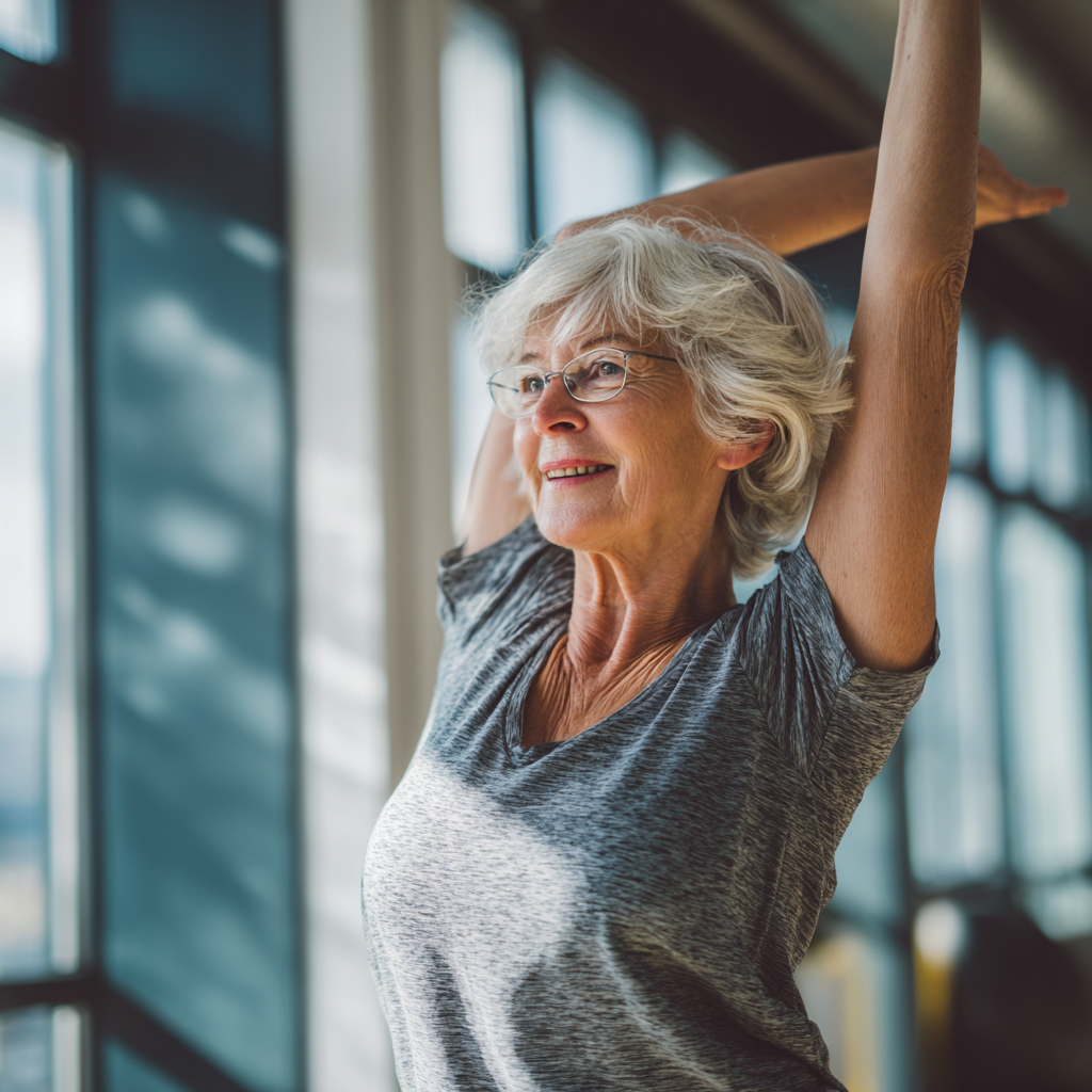 Mature European man demonstrating proper exercise form and healthy lifestyle