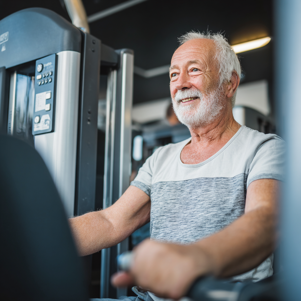 Elderly European man showing energy and vitality through active lifestyle